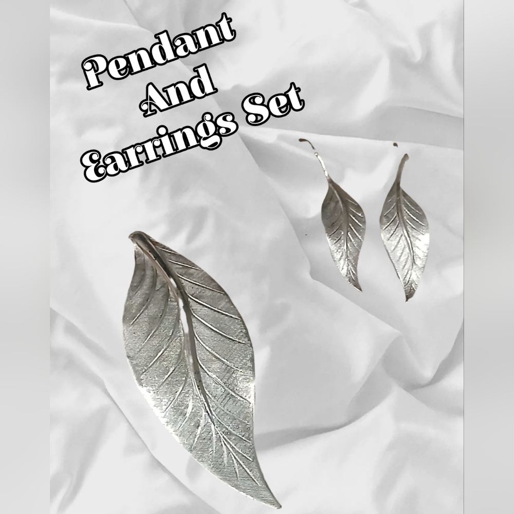 Silver Leaf Pendant and Earrings Set